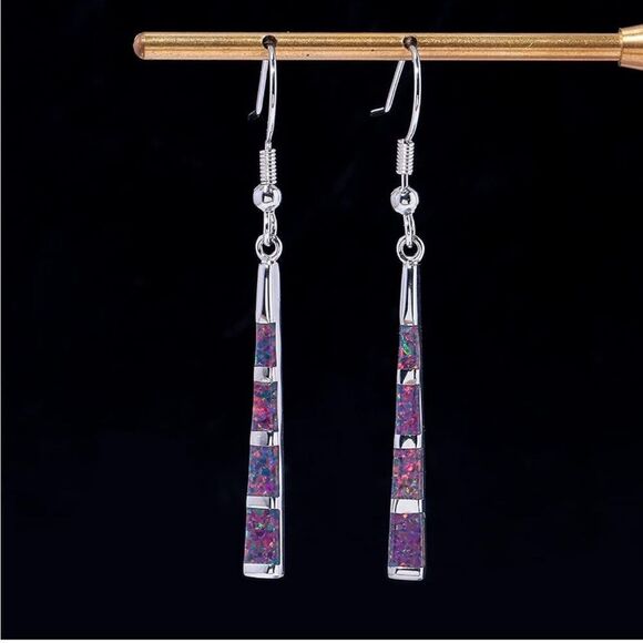 14K White Gold with Genuine Black Fire Opal Dangling Hook Tapered Bar Earrings - Picture 4 of 5